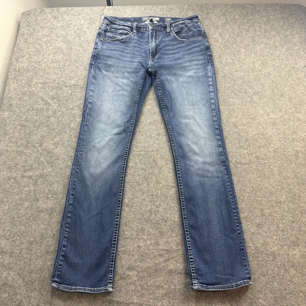BKE Jake Straight Jeans Mens 33x31 Blue Denim Western Cowboy Stretch Whiskered
